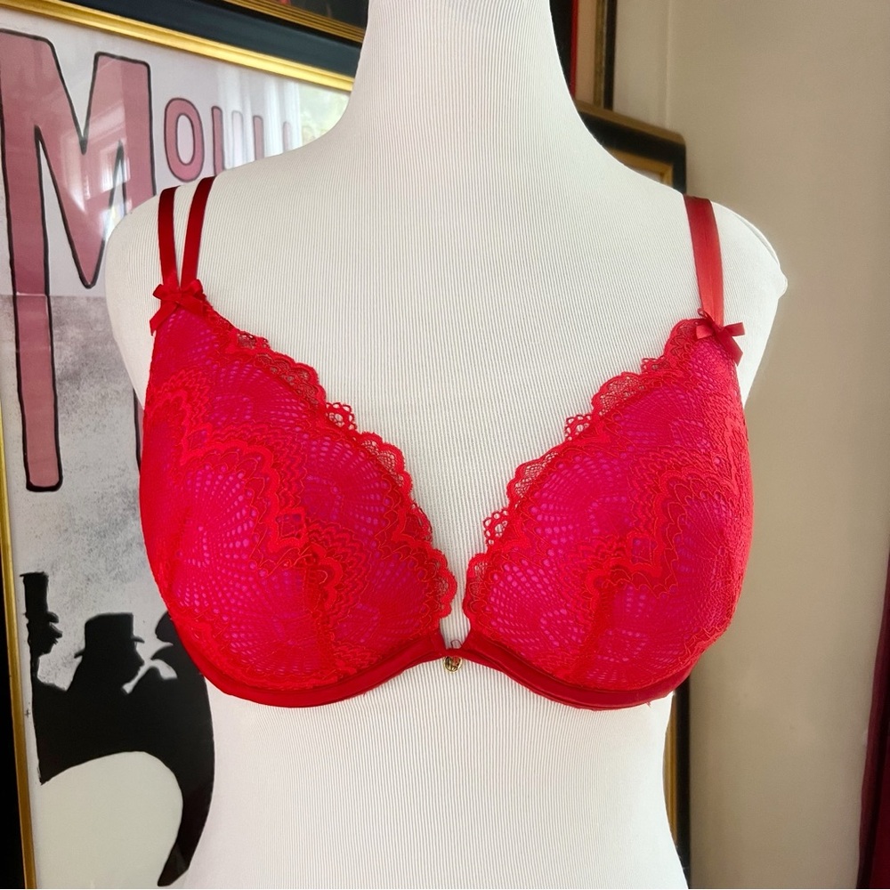 Cacique: Red and Pink Lace Padded Lace Boost Plunge Bra Size 38C